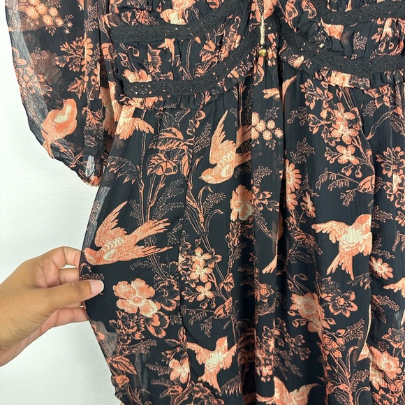 Free People You're A Jewel Maxi Dress Chiffon Black Rose Bird Print Floral Sz XS - Picture 10 of 11
